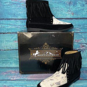 MONTANA WEST Black White Tassel Cowhide Suede 10